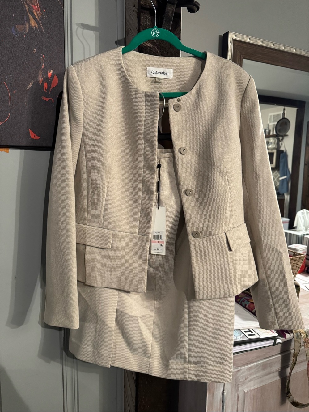Calvin Klein Women's Light Cream Collarless Button Blazer